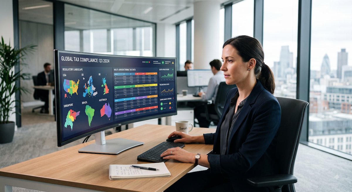 A compliance professional reviewing real-time tax data on screen, illustrating the demand for agentic AI accuracy in regulated workflows