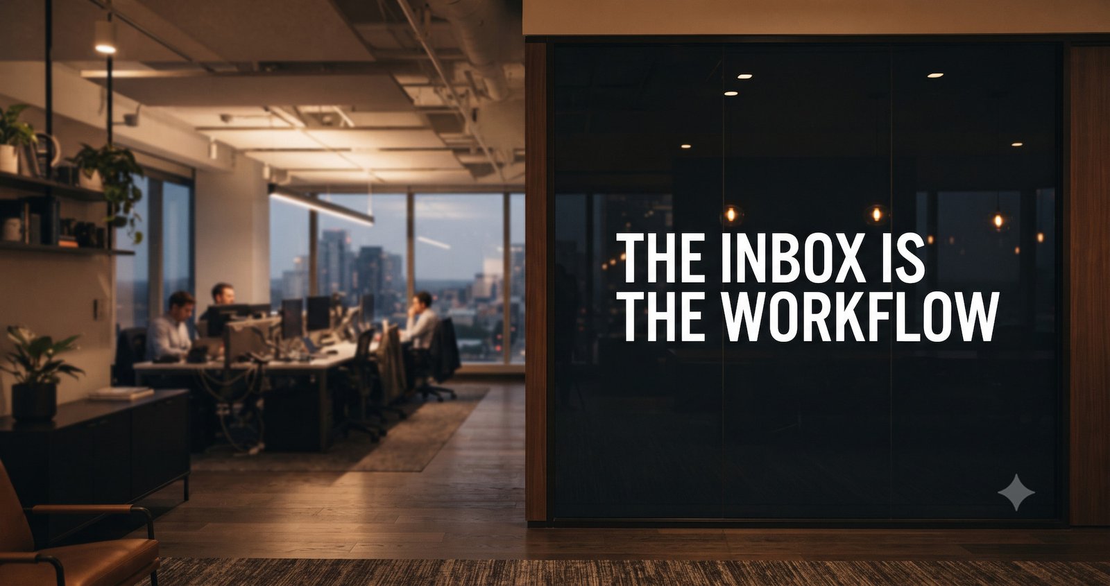 Dark glass office partition displaying 'The Inbox Is the Workflow' — representing agentic AI insurance quoting automation