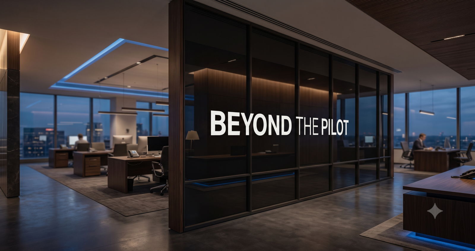 Dark glass office partition displaying 'Beyond the Pilot' — representing agentic AI financial services scaling beyond proof-of-concept