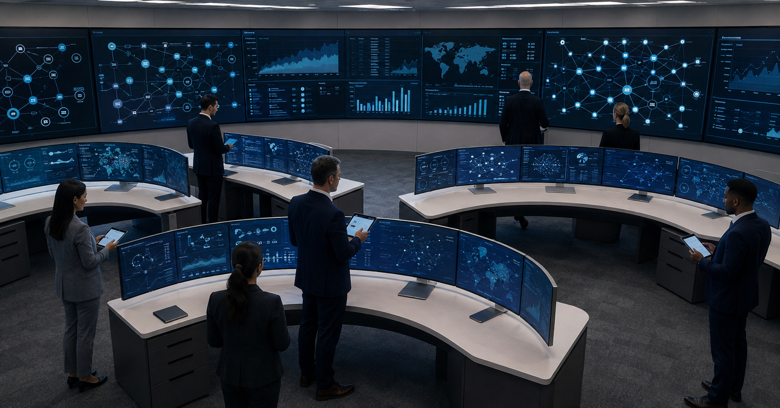 Enterprise operations center with infrastructure dashboards illustrating agentic AI platform control and governance monitoring