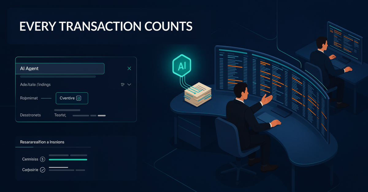 Isometric illustration of an agentic audit workflow with AI flagging transaction-level risk signals across a full ledger