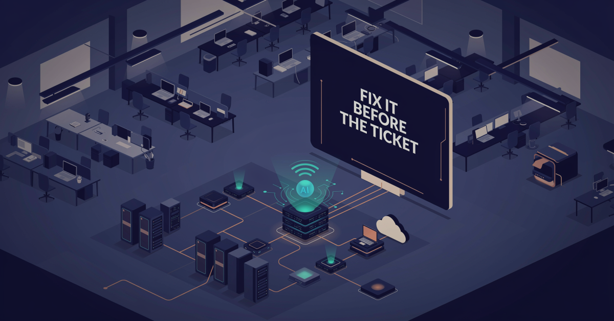 Isometric illustration of an AI agent monitoring an enterprise IT network for issues, representing agentic IT automation before ticket submission