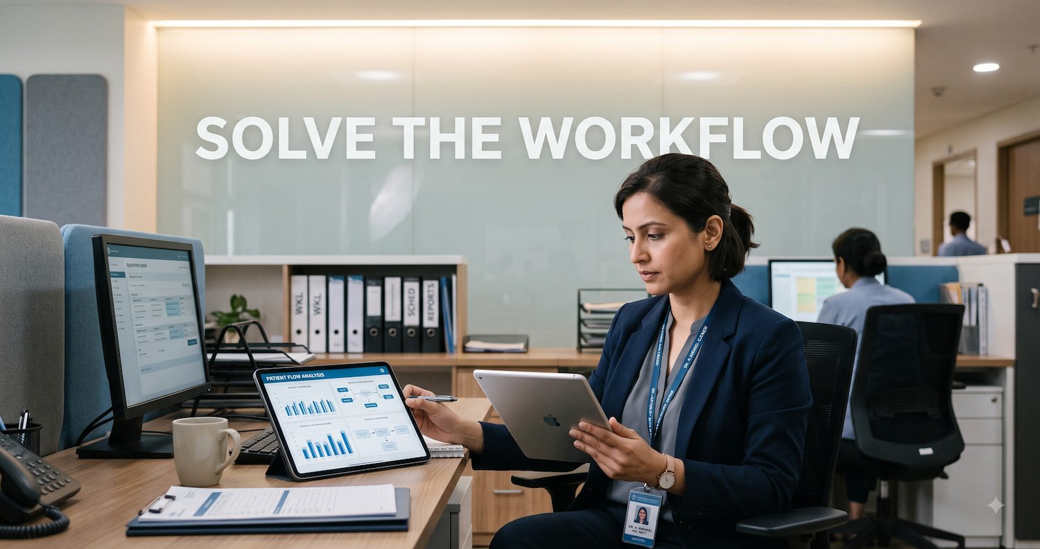 Hospital administrator reviewing AI workflow data on a tablet, representing healthcare AI workflow automation in enterprise settings.