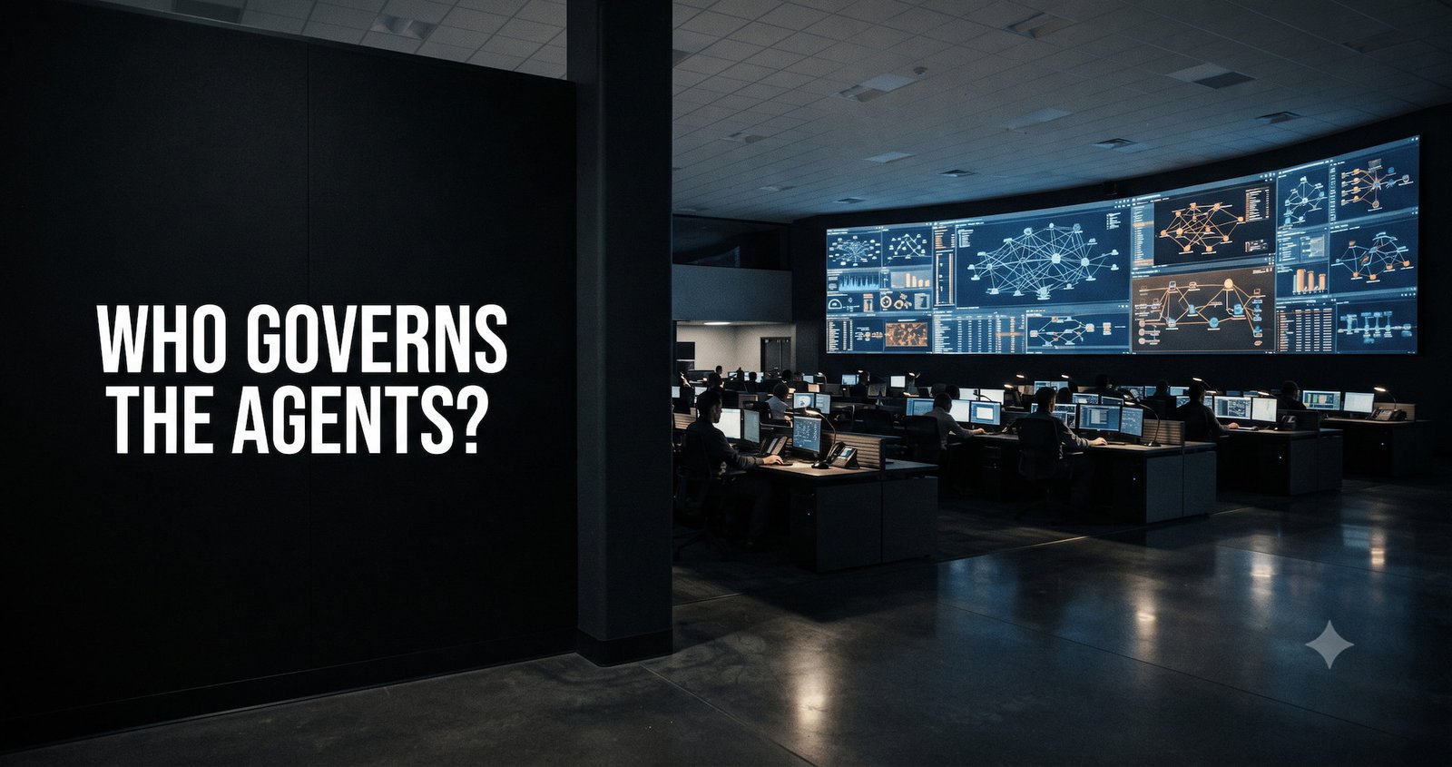 Enterprise operations centre with monitoring screens illustrating the AI agent governance challenge at scale