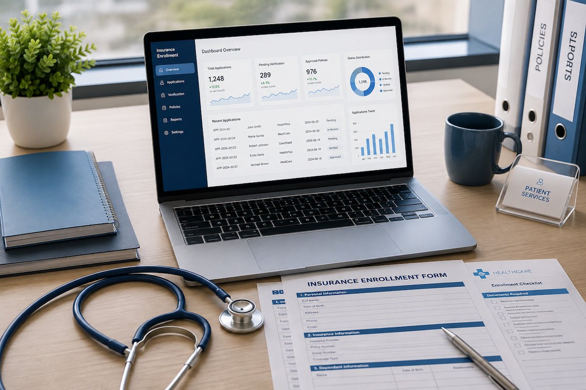 Hospital administrator desk with laptop dashboard and insurance forms illustrating AI coordination of benefits workflow