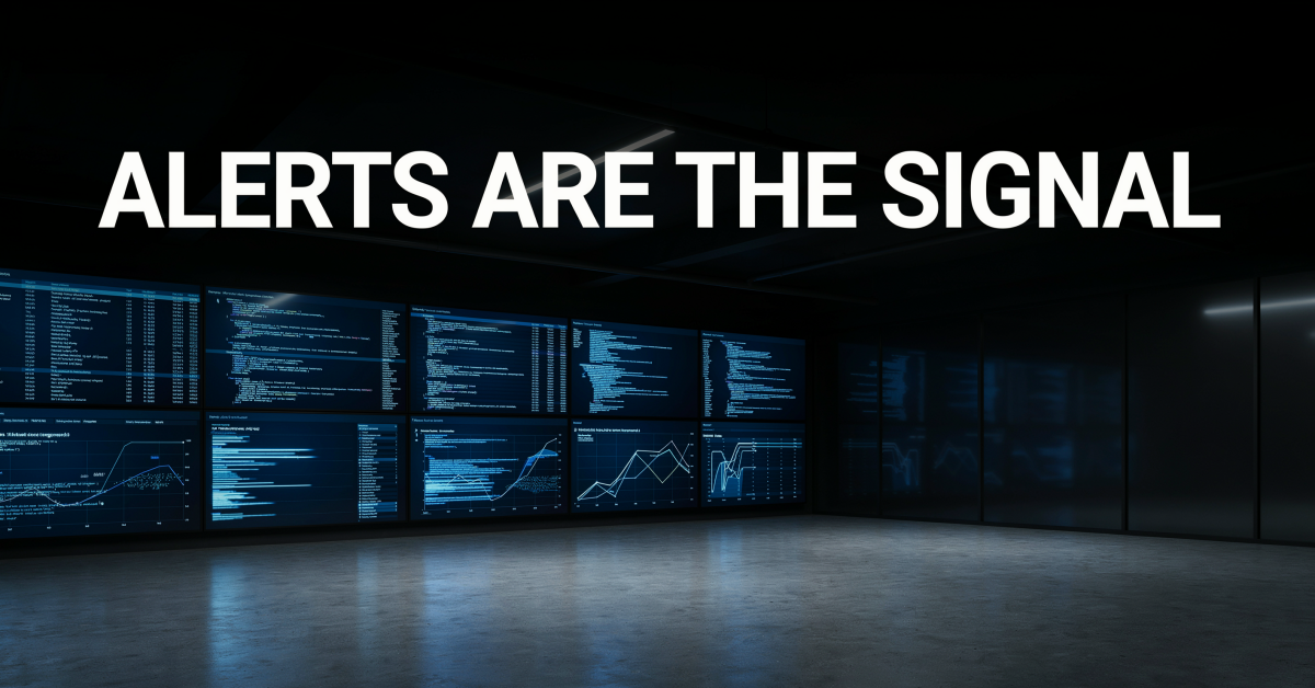 Dark compliance operations centre with data screens and the text 'ALERTS ARE THE SIGNAL' on a glass wall, representing AI transaction monitoring AML systems