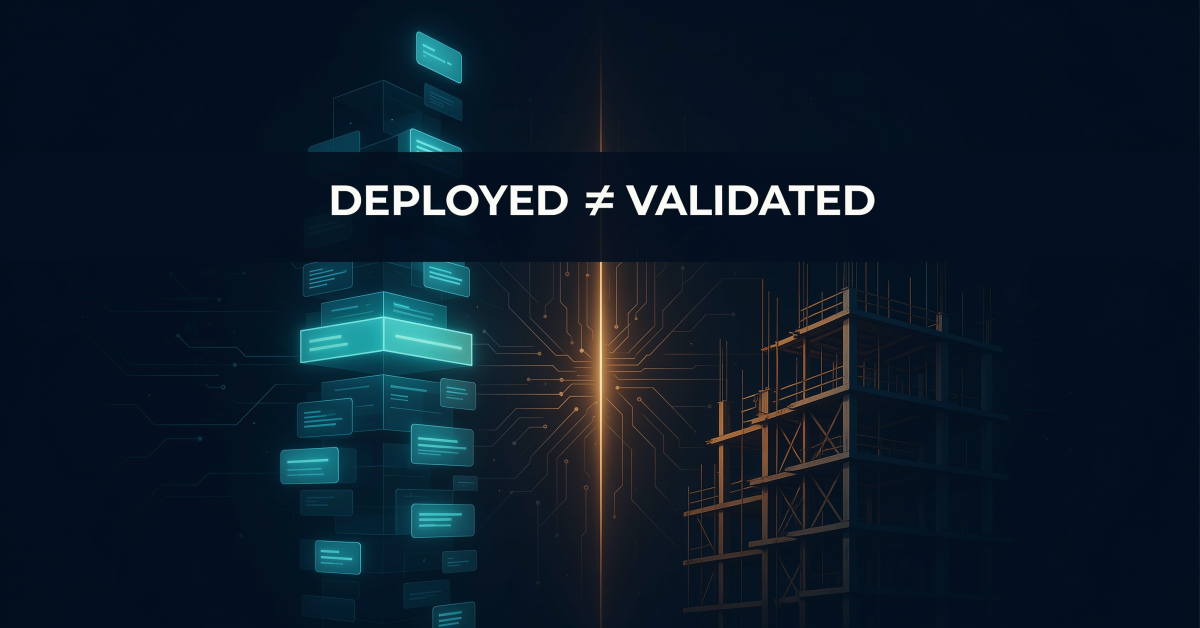 Abstract graphic showing a gap between rapid AI deployment and incomplete validation infrastructure, illustrating the AI validation in healthcare governance problem