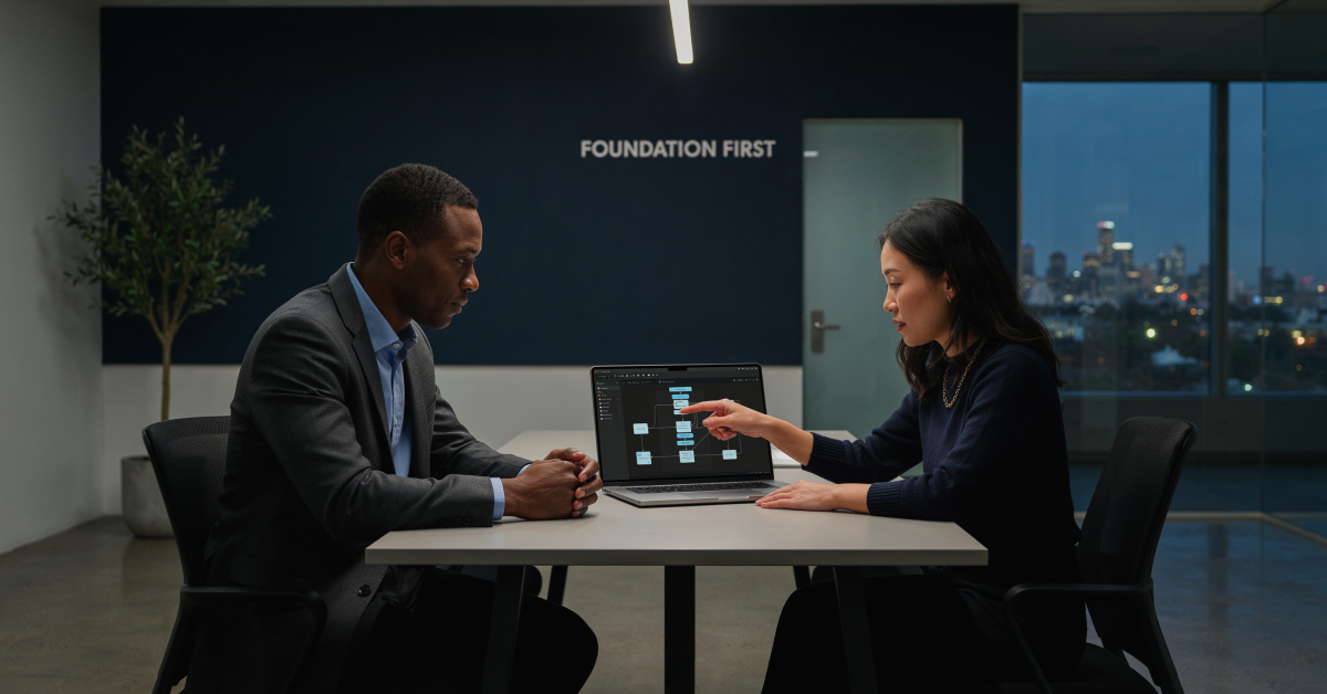 Two professionals reviewing an enterprise AI governance diagram, with the words Foundation First displayed on a background panel