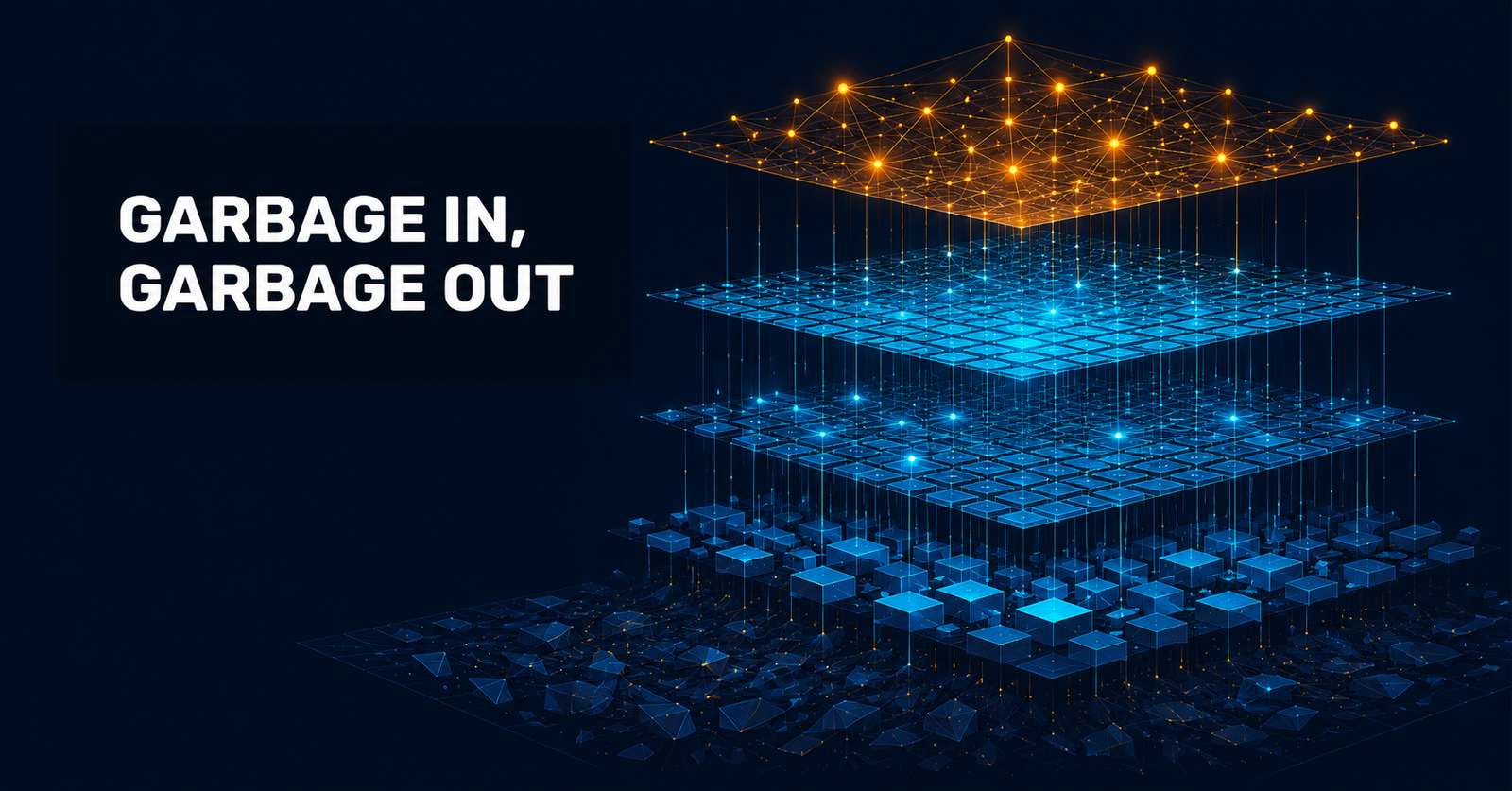 Abstract layered data architecture in navy and cyan tones representing an enterprise AI knowledge foundation