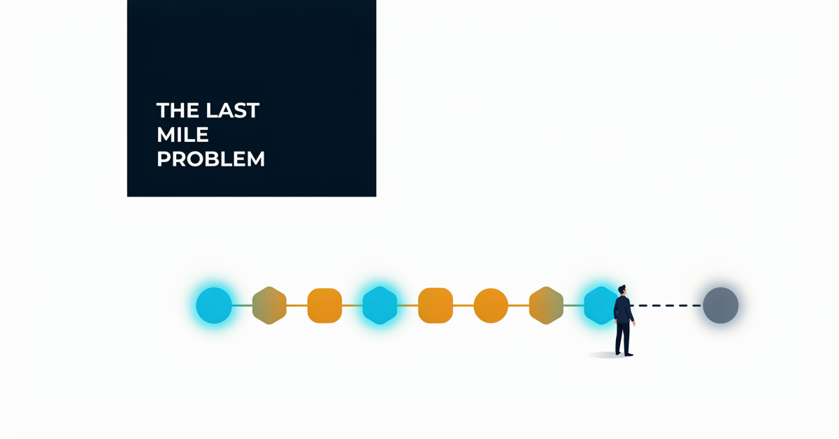 Editorial illustration of an AI workflow pipeline with a gap before the final mission-critical workflow node