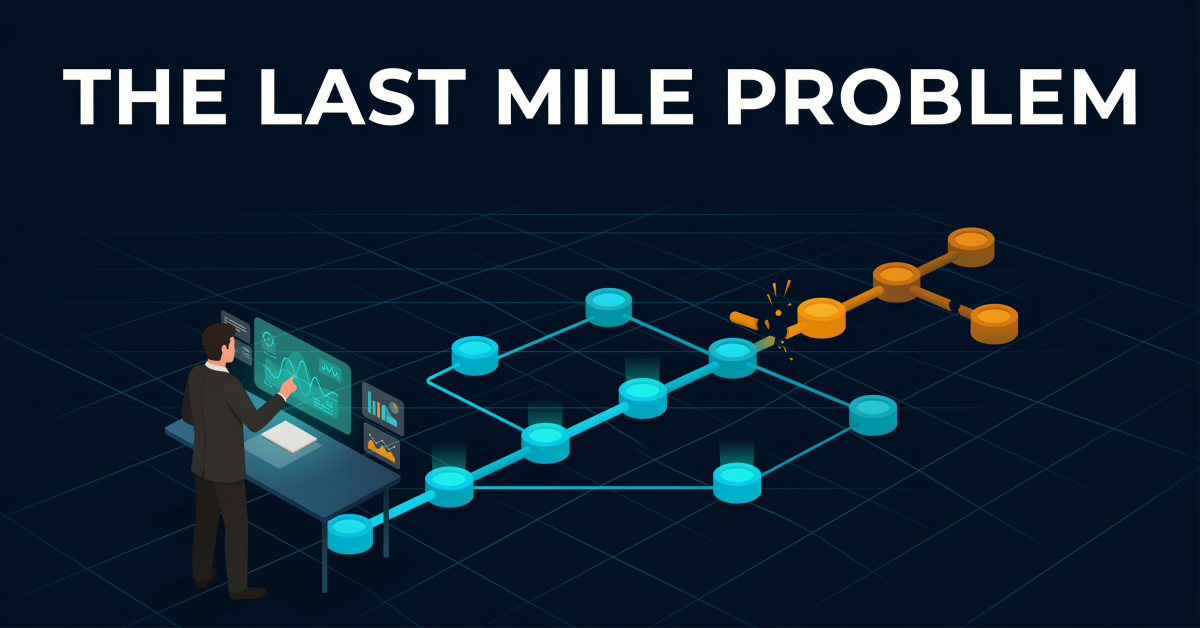 Editorial illustration of an AI workflow pipeline stalling before mission-critical workflows, showing a broken final connection