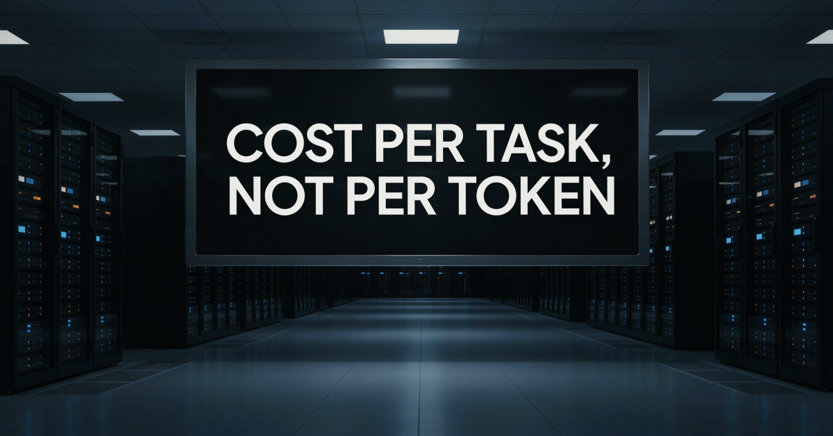Enterprise server corridor with glass panel displaying a message about agentic AI model pricing and cost per task