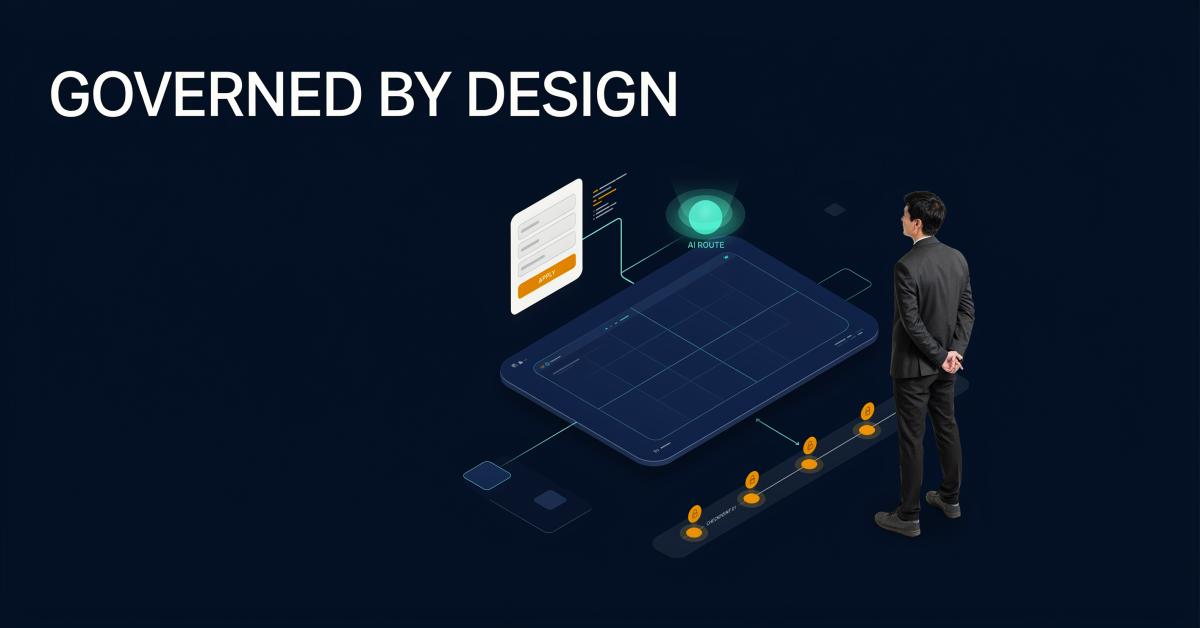 Isometric illustration of a governed AI agent loan workflow with structured decision paths, representing governed AI agents in lending