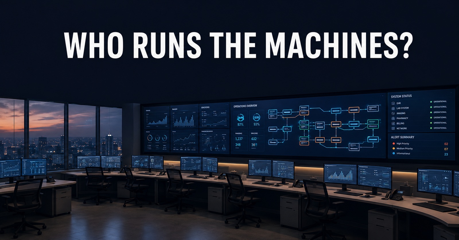 Empty hospital operations center with AI dashboards on screens — illustrating the healthcare AI talent gap in workforce readiness