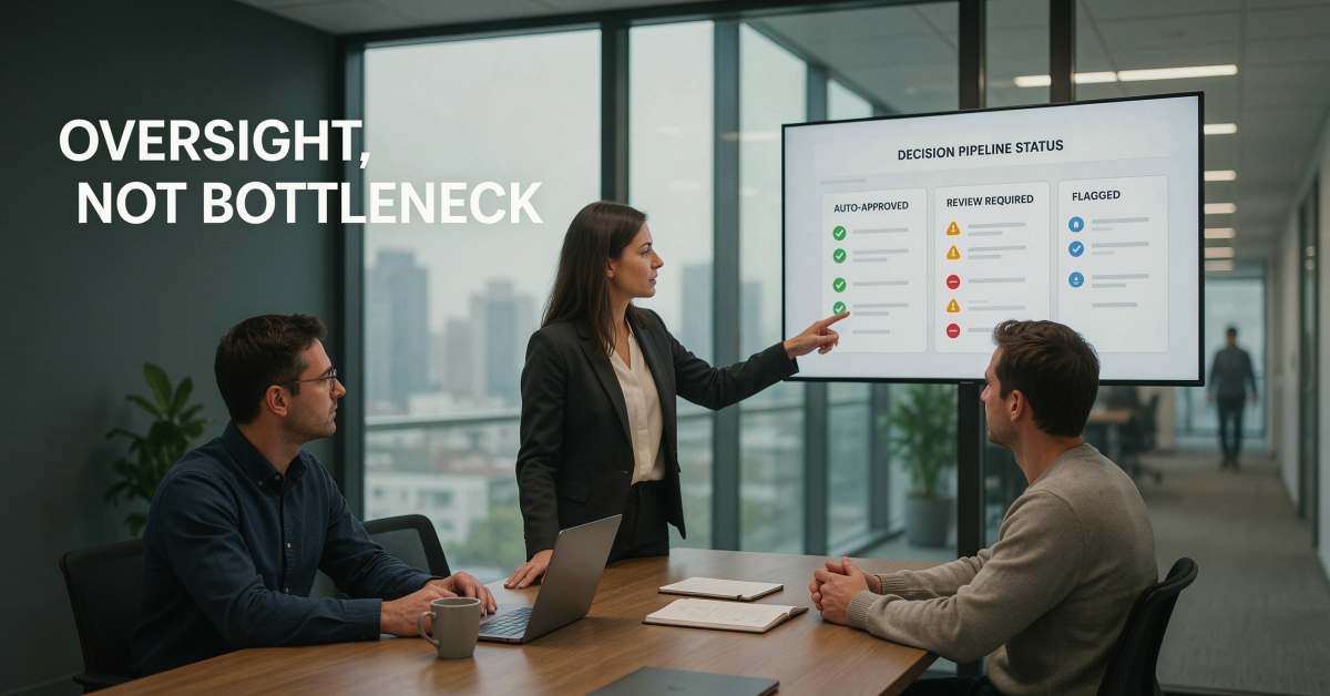 Professionals reviewing a tiered agent decision dashboard in a meeting — human-in-the-loop AI agents oversight design