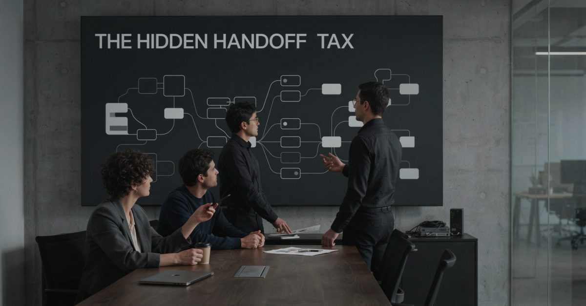 Technical team reviewing a multi-LLM model handoff architecture diagram on a dark wall-mounted display during a working meeting