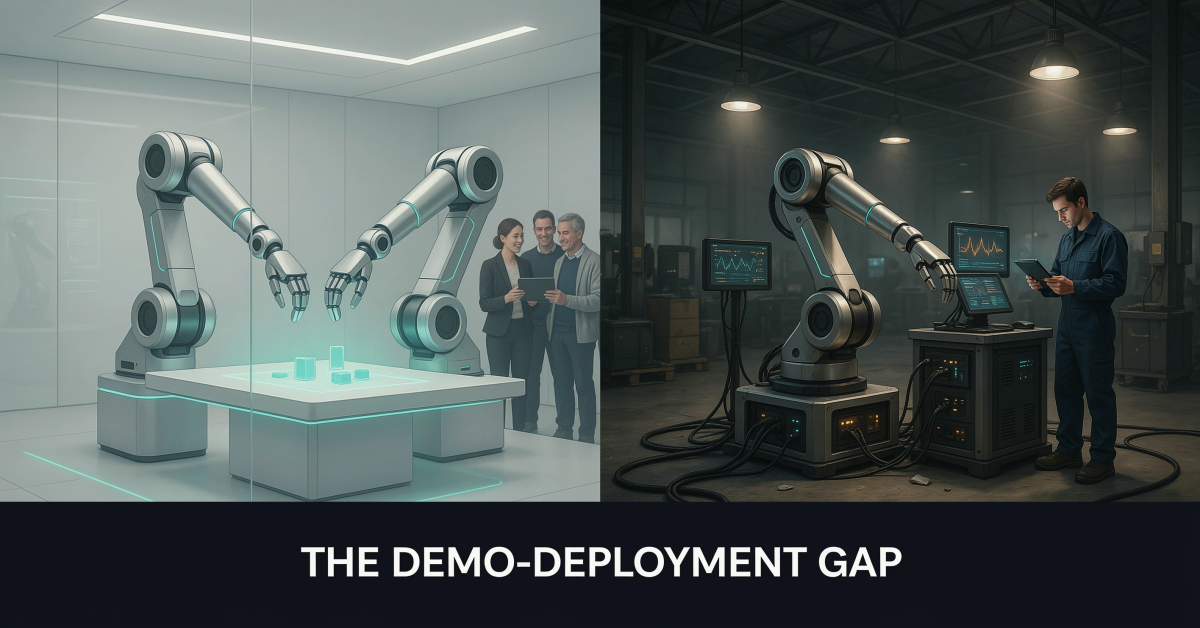Editorial illustration contrasting a clean AI demo environment with the complexity of real-world physical AI deployment