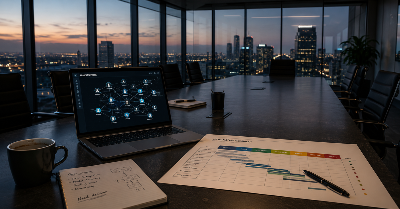 Empty boardroom with a laptop showing an AI agent network diagram, representing a stalled AI pilot awaiting production deployment.