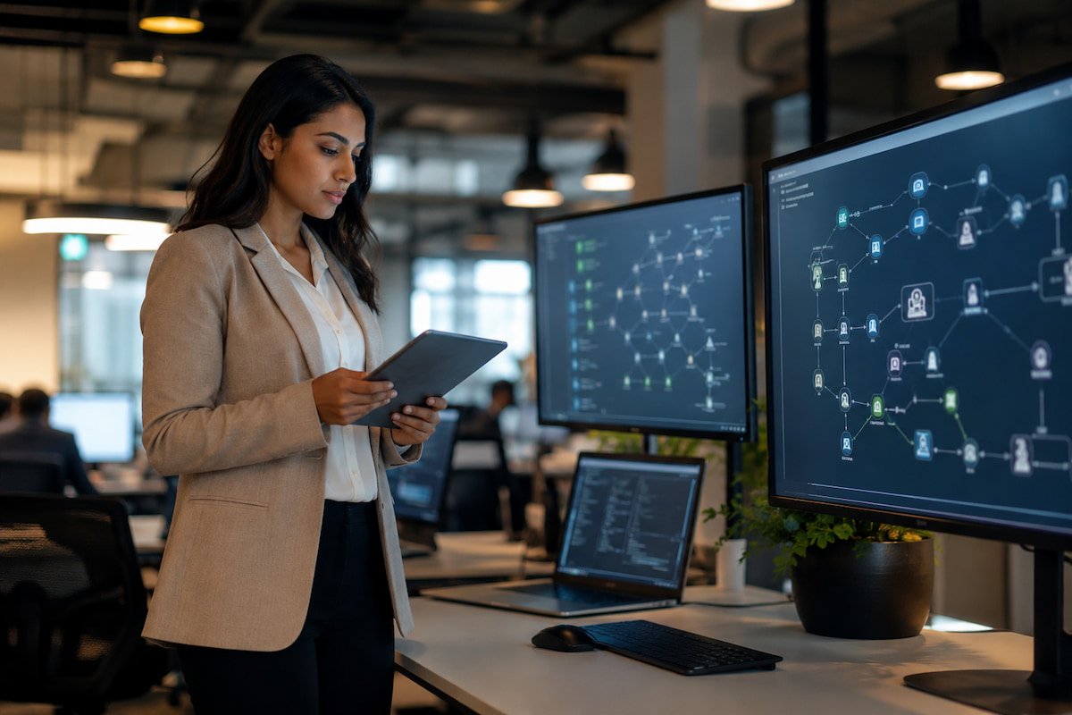 Professional reviewing a multi-agent AI platform workflow dashboard in a modern business office