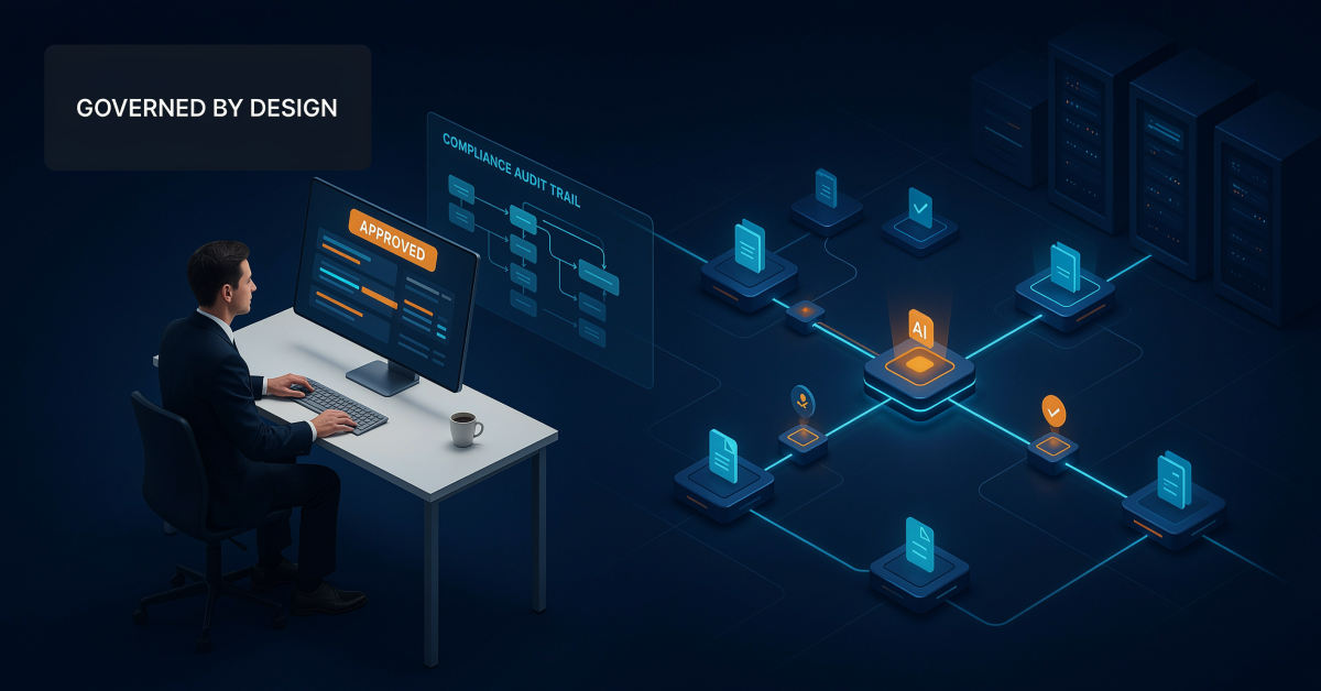 Editorial illustration of an agentic AI KYC compliance workflow with audit trail nodes and a human reviewer