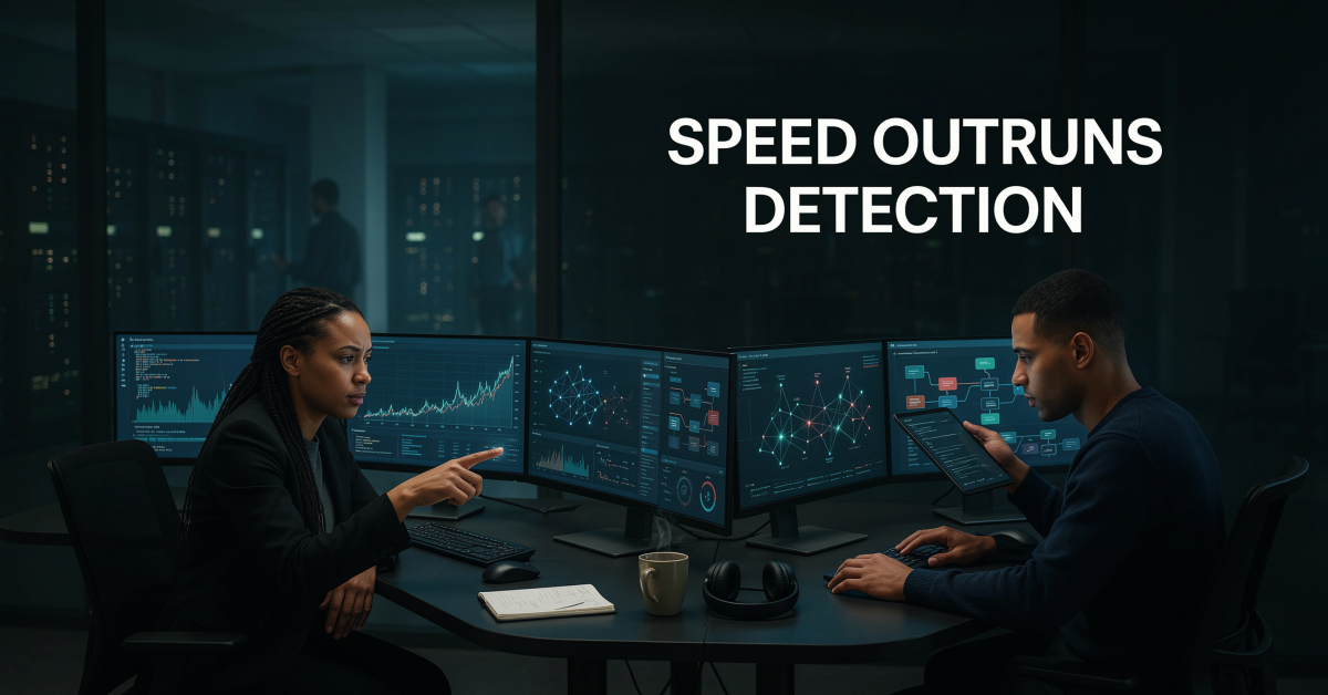 Two professionals monitoring agentic AI security dashboards in an operations centre, representing machine-speed agent governance.