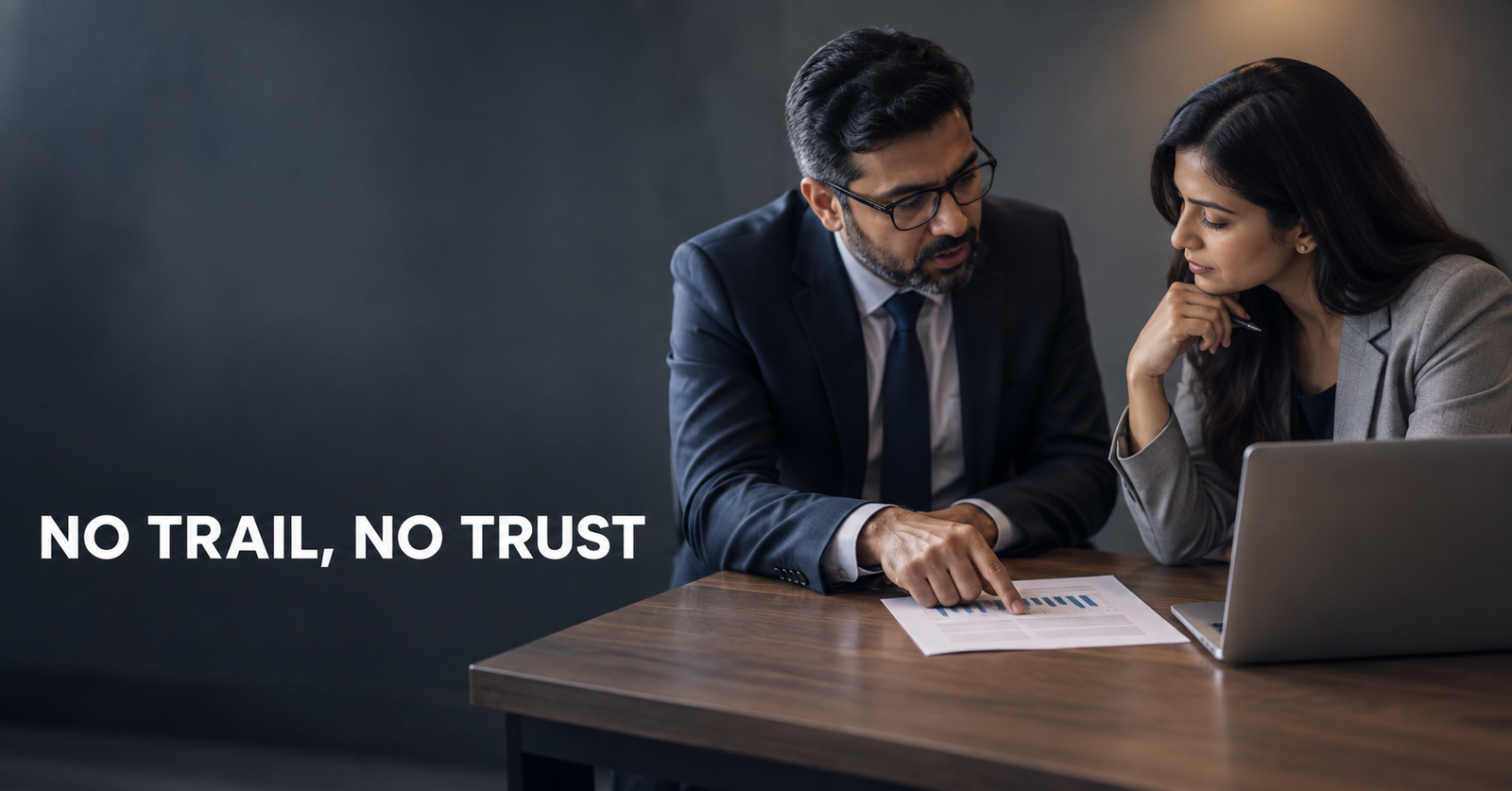 Two professionals reviewing a document at a desk, illustrating the AI agent audit trail gap in governed enterprise workflows