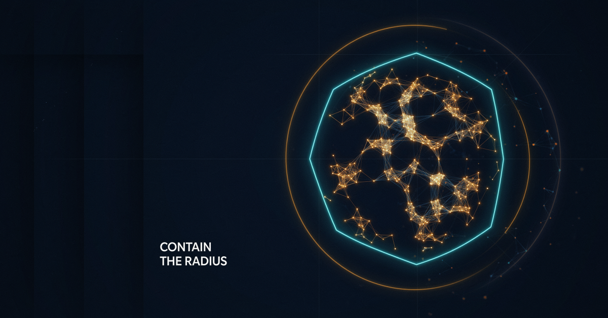 Abstract glowing network ring illustrating AI agent blast radius containment in navy and cyan