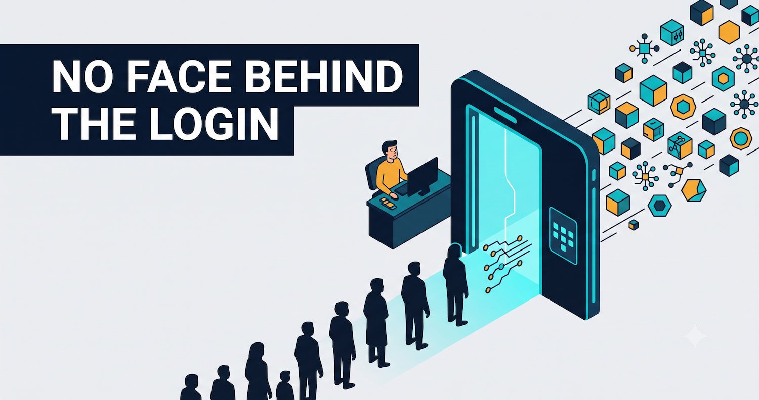 Editorial illustration of AI agent identity access alongside human login flows, representing the AI agent identity gap