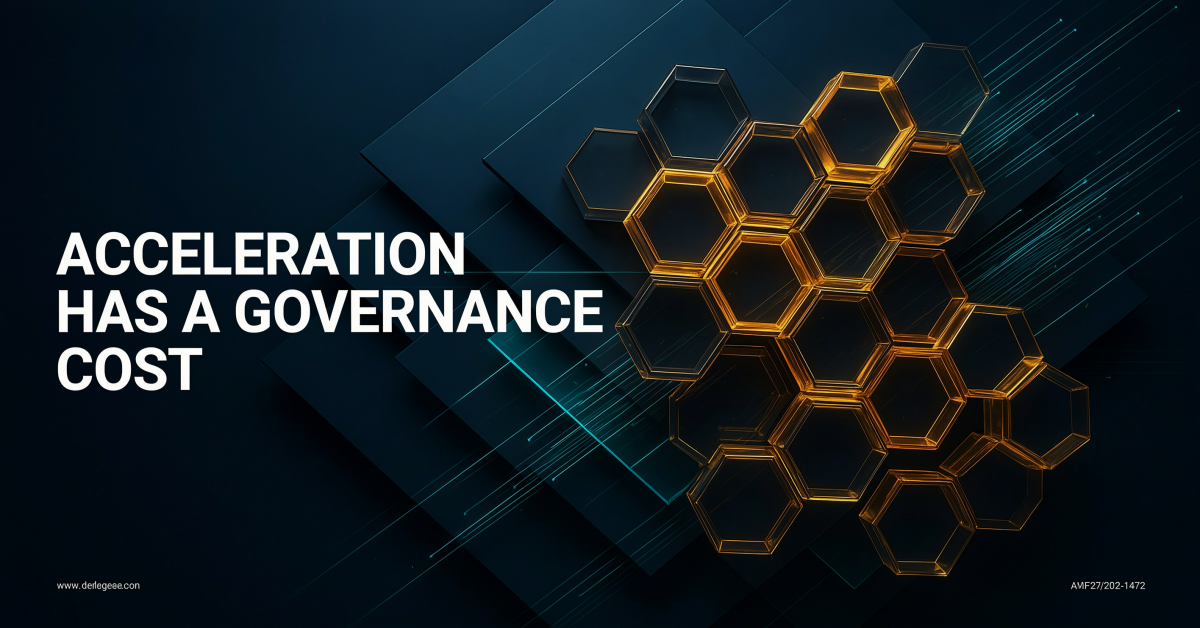 Abstract data-flow lattice in navy and cyan representing AI research acceleration and governance risk
