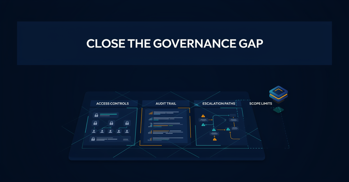 Editorial illustration of an autonomous agent governance dashboard with one ungoverned gap highlighted in an isometric flat design