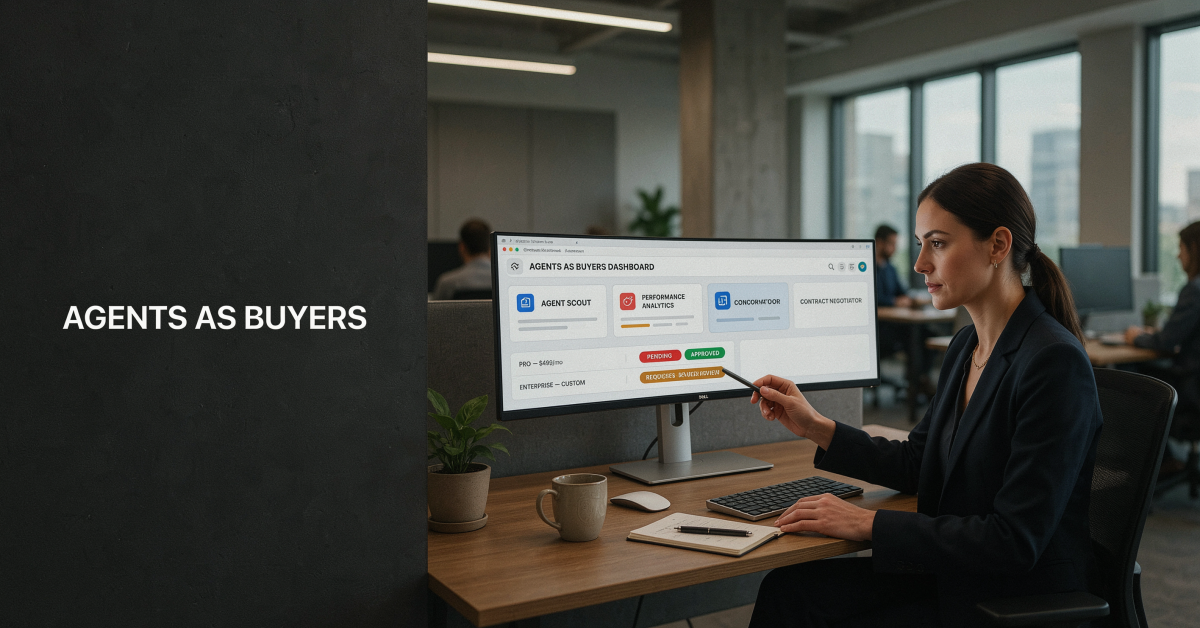 Professional woman reviewing an AI agent procurement dashboard, illustrating autonomous AI agents buying software tools