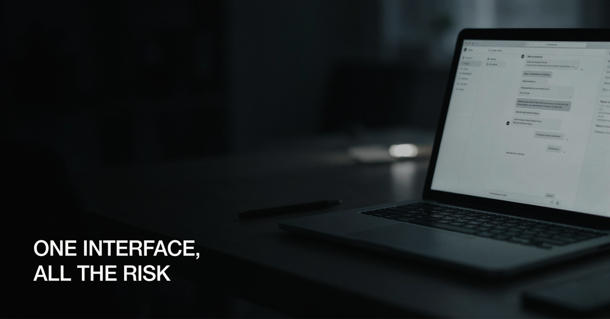 Laptop showing a minimal chat interface, representing the merged agentic AI interface and the governance questions it raises