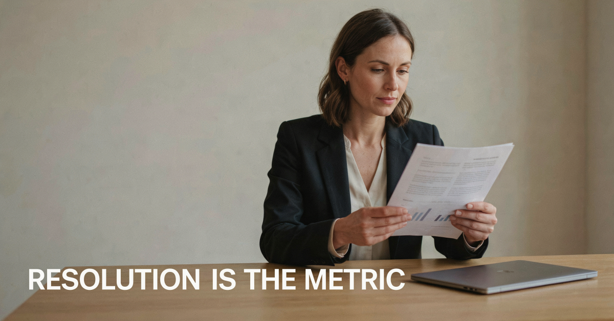 Professional reviewing a report at a minimal desk, representing contact center AI resolution quality measurement
