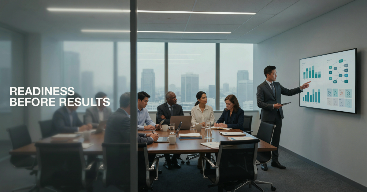 Business leaders reviewing enterprise AI readiness data in a boardroom meeting, with infrastructure charts on screen
