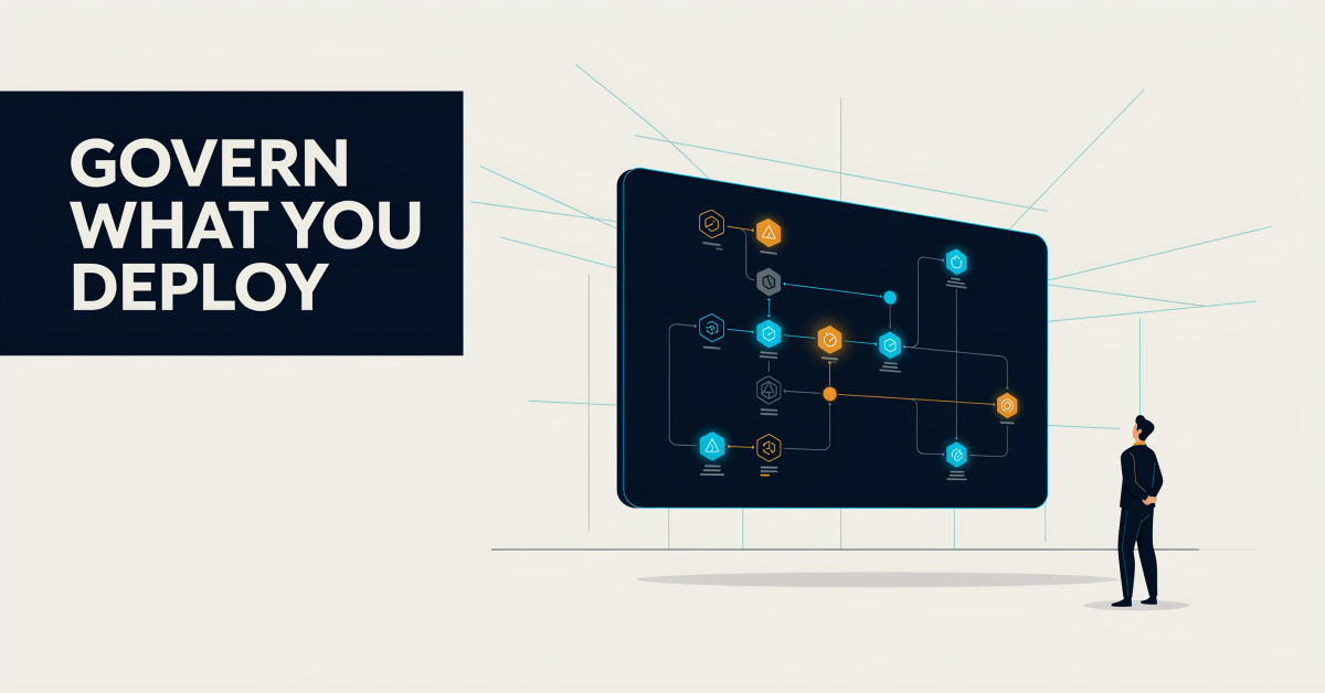 Editorial illustration of an AI agent control plane dashboard with interconnected agent nodes, representing AI agent governance at enterprise scale.